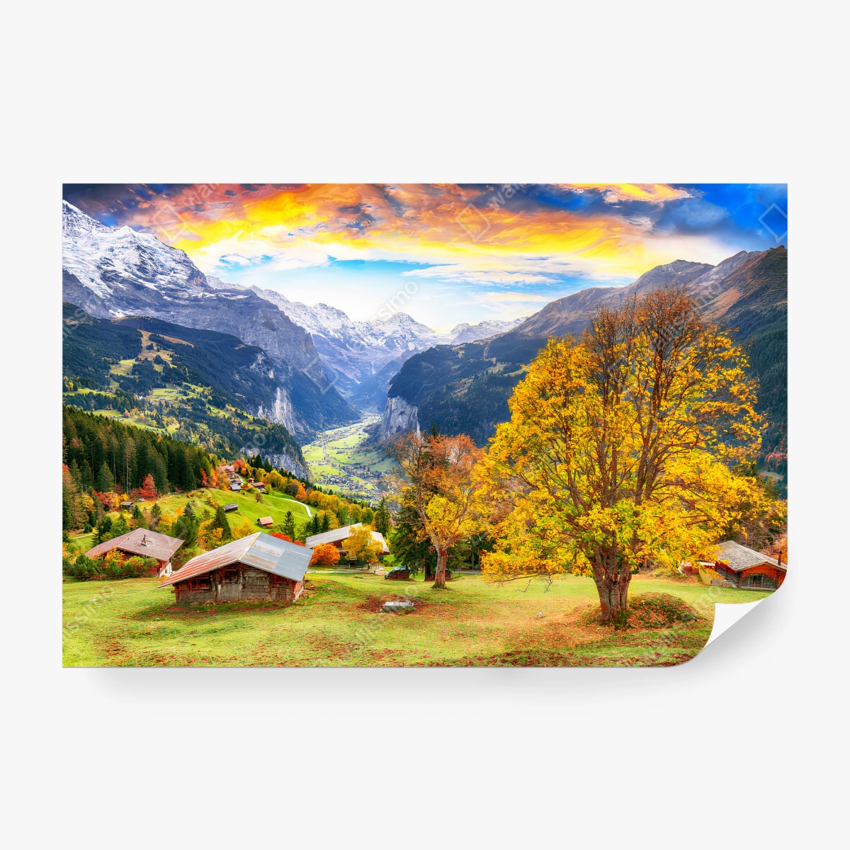 Papier peint ALPES MONTAGNE VALLEE AUTOMNE VILLAGE POUR LE SALON – Wallnifity®