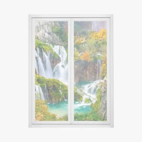 Sticker pour vitres et fenêtres paysage de cascades et lacs turquoise en automne – Wallnifity®