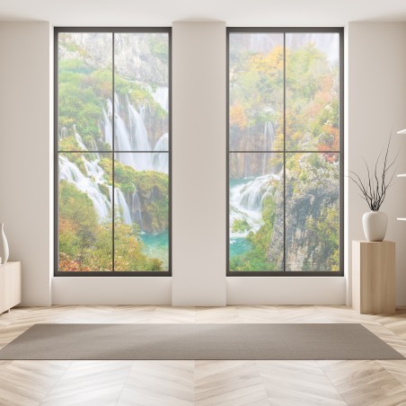 Sticker pour vitres et fenêtres paysage de cascades et lacs turquoise en automne – Wallnifity®