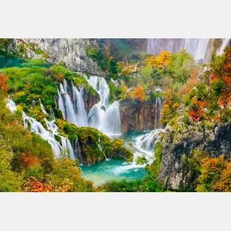 Sticker pour vitres et fenêtres paysage de cascades et lacs turquoise en automne – Wallnifity®