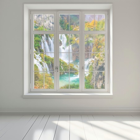 Sticker pour vitres et fenêtres paysage de cascades et lacs turquoise en automne – Wallnifity®